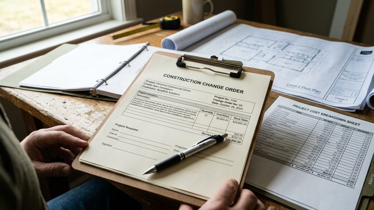 Construction change order document on desk with blueprints